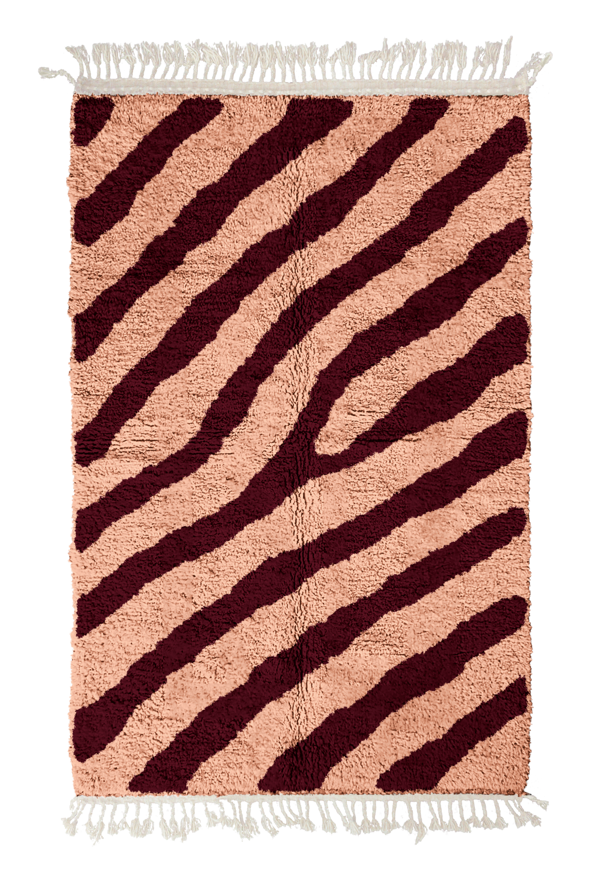 Slant Stride zebra stripe wool rug, oxblood red stripes on blush pink, full view from above with fringed ends