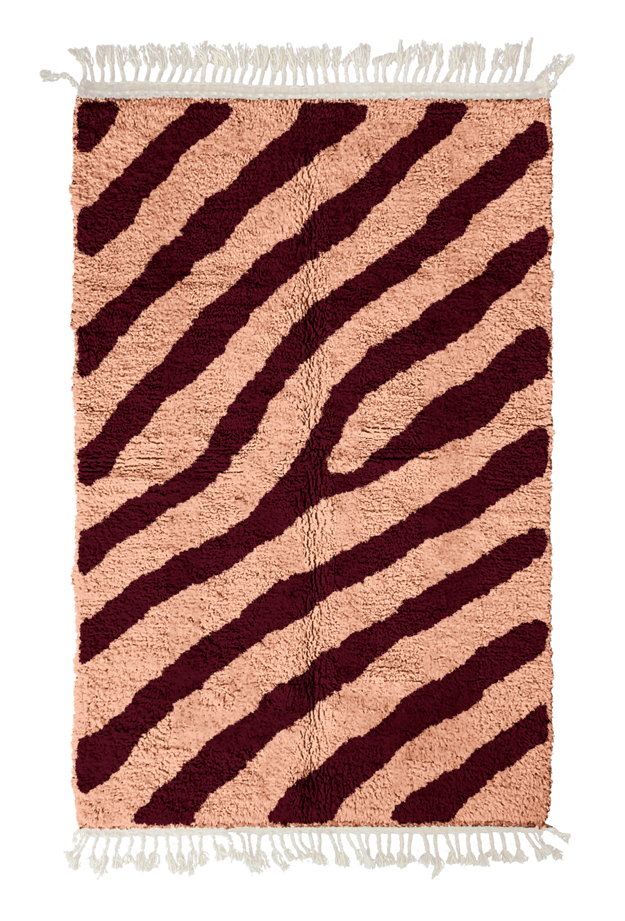 Slant Stride zebra stripe wool rug, oxblood red stripes on blush pink, full view from above with fringed ends