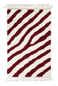 Load image into Gallery viewer, Slant Stride zebra stripe wool rug, burgundy stripes on cream, full view from above with fringed ends
