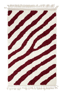 Slant Stride zebra stripe wool rug, burgundy stripes on cream, full view from above with fringed ends