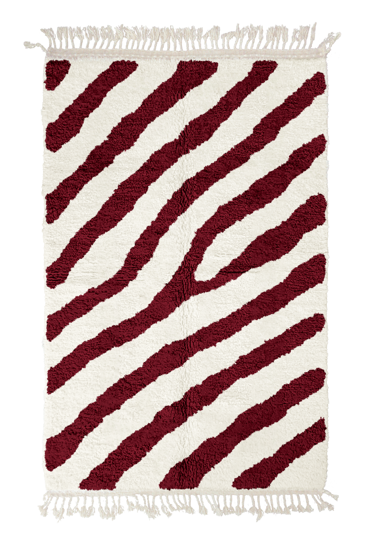 Slant Stride zebra stripe wool rug, burgundy stripes on cream, full view from above with fringed ends