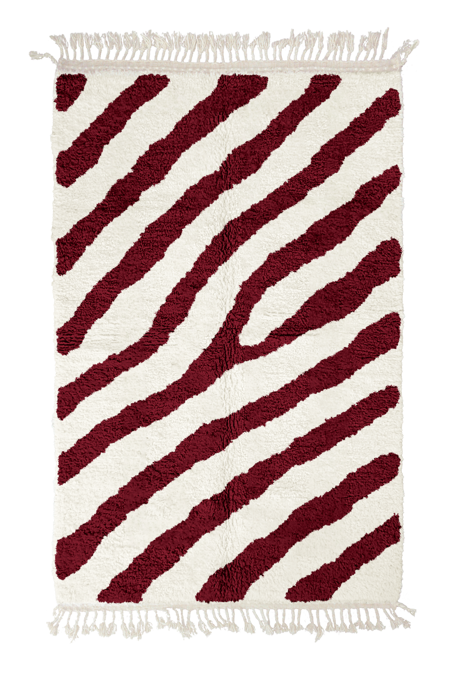 Slant Stride zebra stripe wool rug, burgundy stripes on cream, full view from above with fringed ends