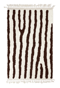 Load image into Gallery viewer, Long Stride zebra stripe wool rug, dark brown stripes on cream, full view from above with fringed ends
