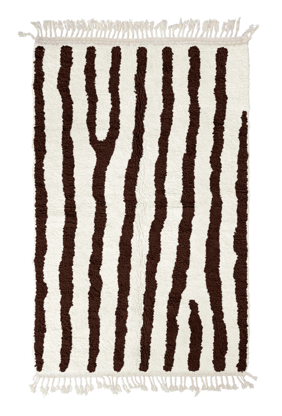 Long Stride zebra stripe wool rug, dark brown stripes on cream, full view from above with fringed ends
