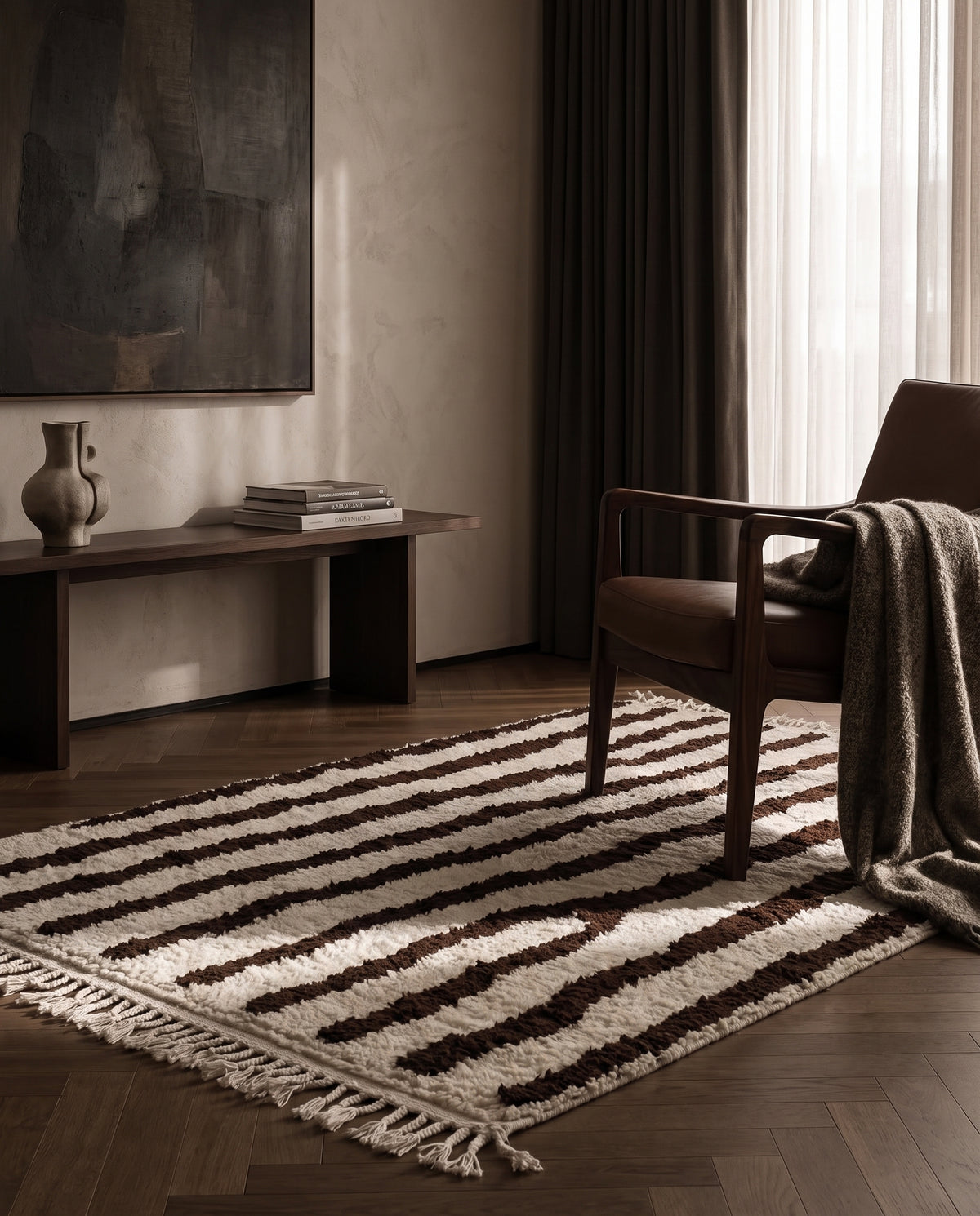 Brown and Cream zebra stripe wool rug in a furnished room