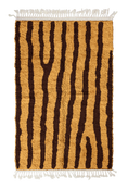 Load image into Gallery viewer, Long Stride zebra stripe wool rug, dark brown stripes on ochre yellow, full view from above with fringed ends
