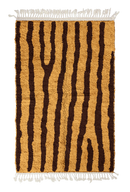Long Stride zebra stripe wool rug, dark brown stripes on ochre yellow, full view from above with fringed ends
