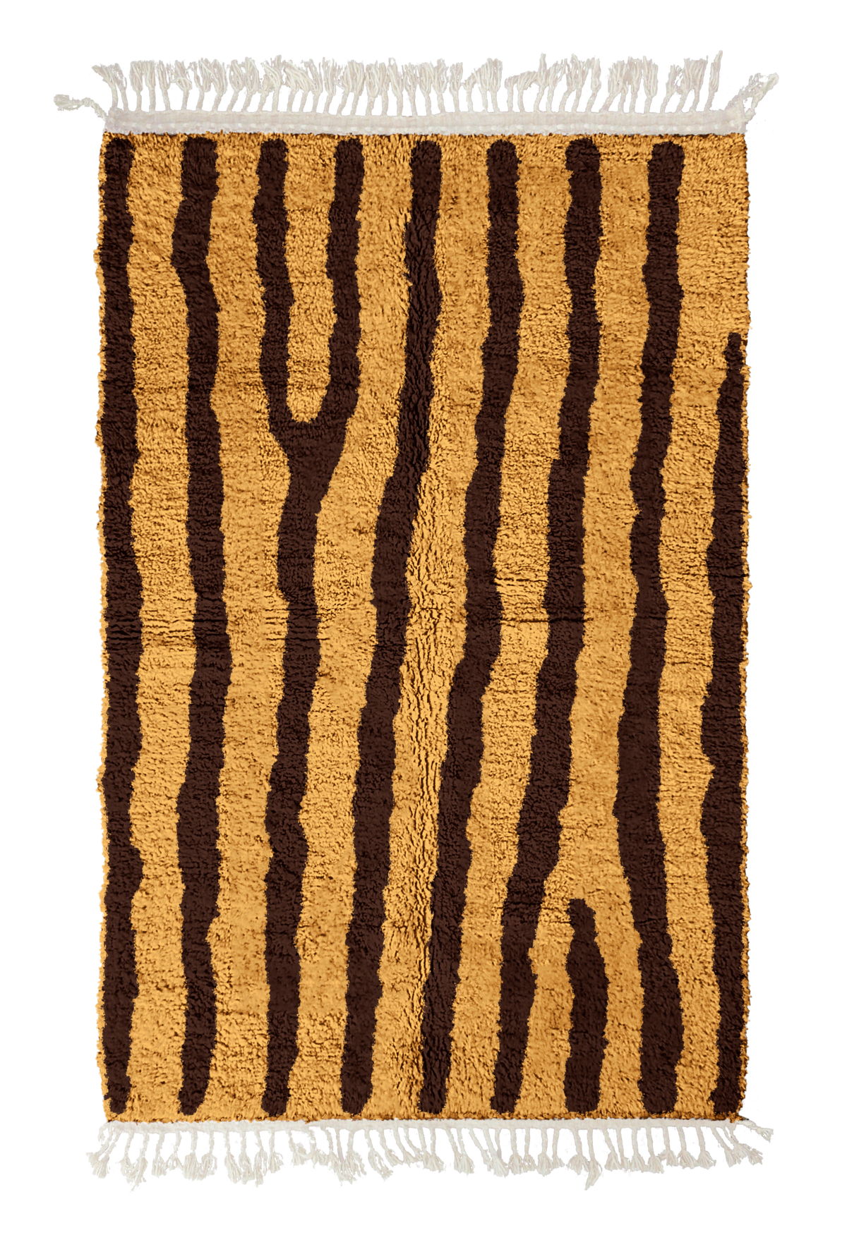 Long Stride zebra stripe wool rug, dark brown stripes on ochre yellow, full view from above with fringed ends