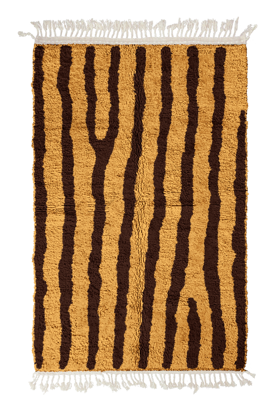 Long Stride zebra stripe wool rug, dark brown stripes on ochre yellow, full view from above with fringed ends