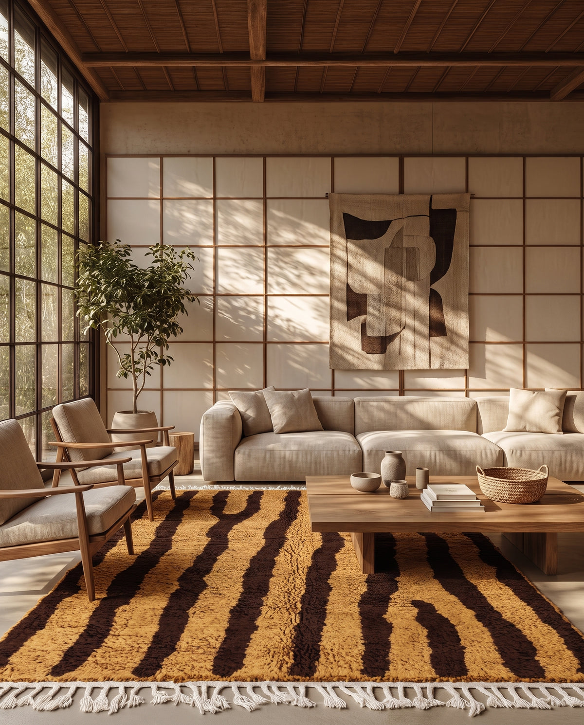 Brown and Ochre Yellow zebra stripe wool rug in a furnished room
