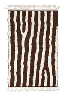 Long Stride zebra stripe wool rug, cream stripes on dark espresso brown, full view from above with fringed ends