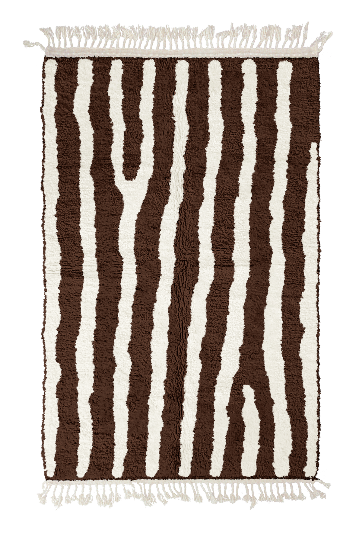 Long Stride zebra stripe wool rug, cream stripes on dark espresso brown, full view from above with fringed ends