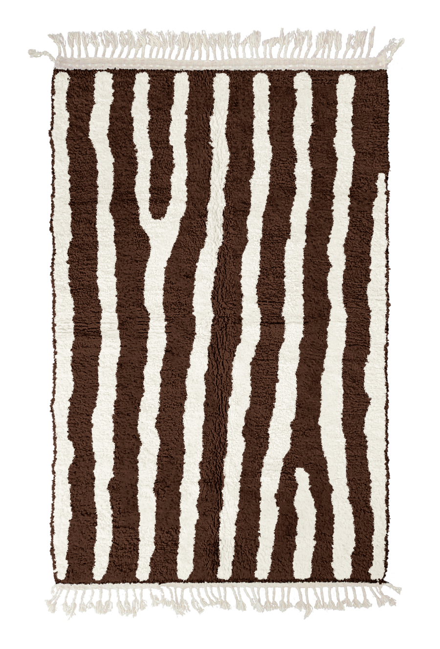 Long Stride zebra stripe wool rug, cream stripes on dark espresso brown, full view from above with fringed ends