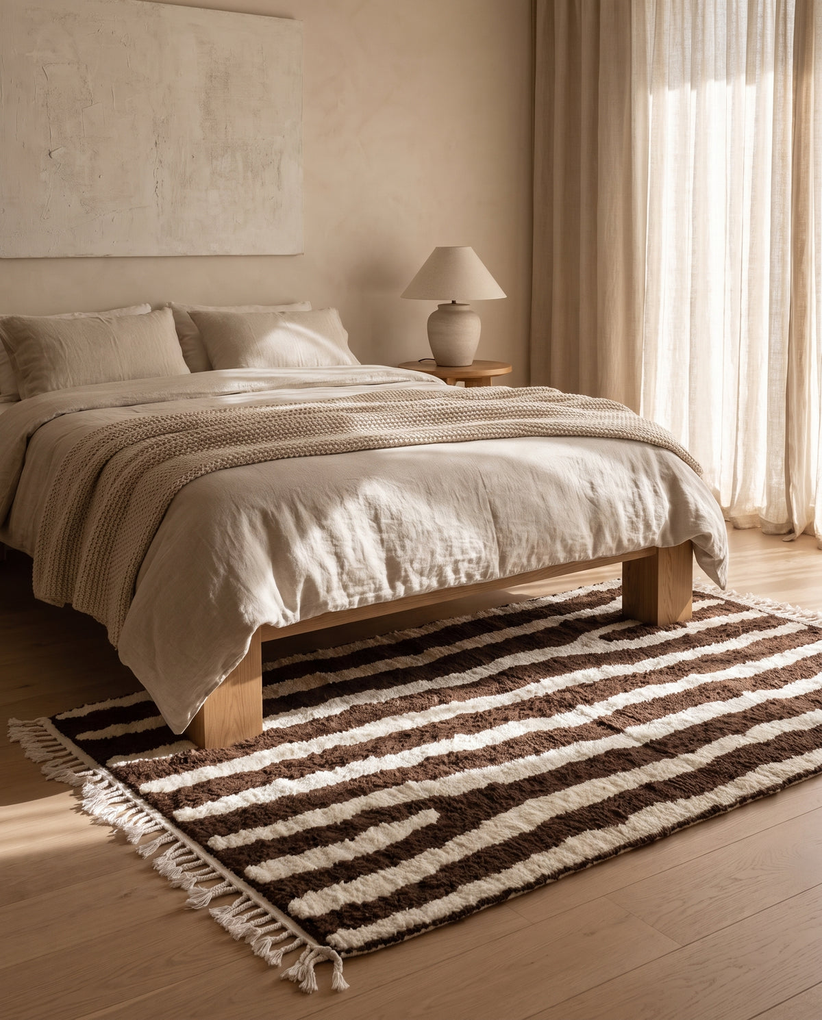 Cream and Dark Brown zebra stripe wool rug in a furnished room