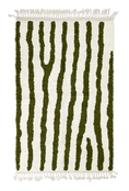 Load image into Gallery viewer, Long Stride zebra stripe wool rug, olive green stripes on cream, full view from above with fringed ends
