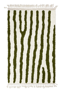 Long Stride zebra stripe wool rug, olive green stripes on cream, full view from above with fringed ends