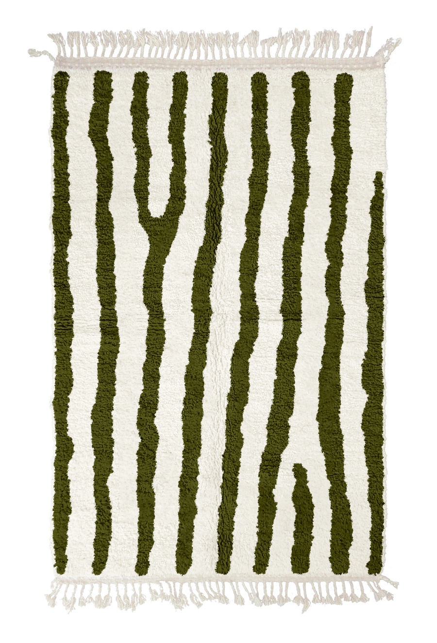 Long Stride zebra stripe wool rug, olive green stripes on cream, full view from above with fringed ends
