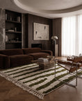 Load image into Gallery viewer, Olive Green and Cream zebra stripe wool rug in a furnished room
