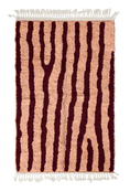 Load image into Gallery viewer, Long Stride zebra stripe wool rug, oxblood red stripes on blush pink, full view from above with fringed ends
