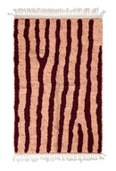 Long Stride zebra stripe wool rug, oxblood red stripes on blush pink, full view from above with fringed ends