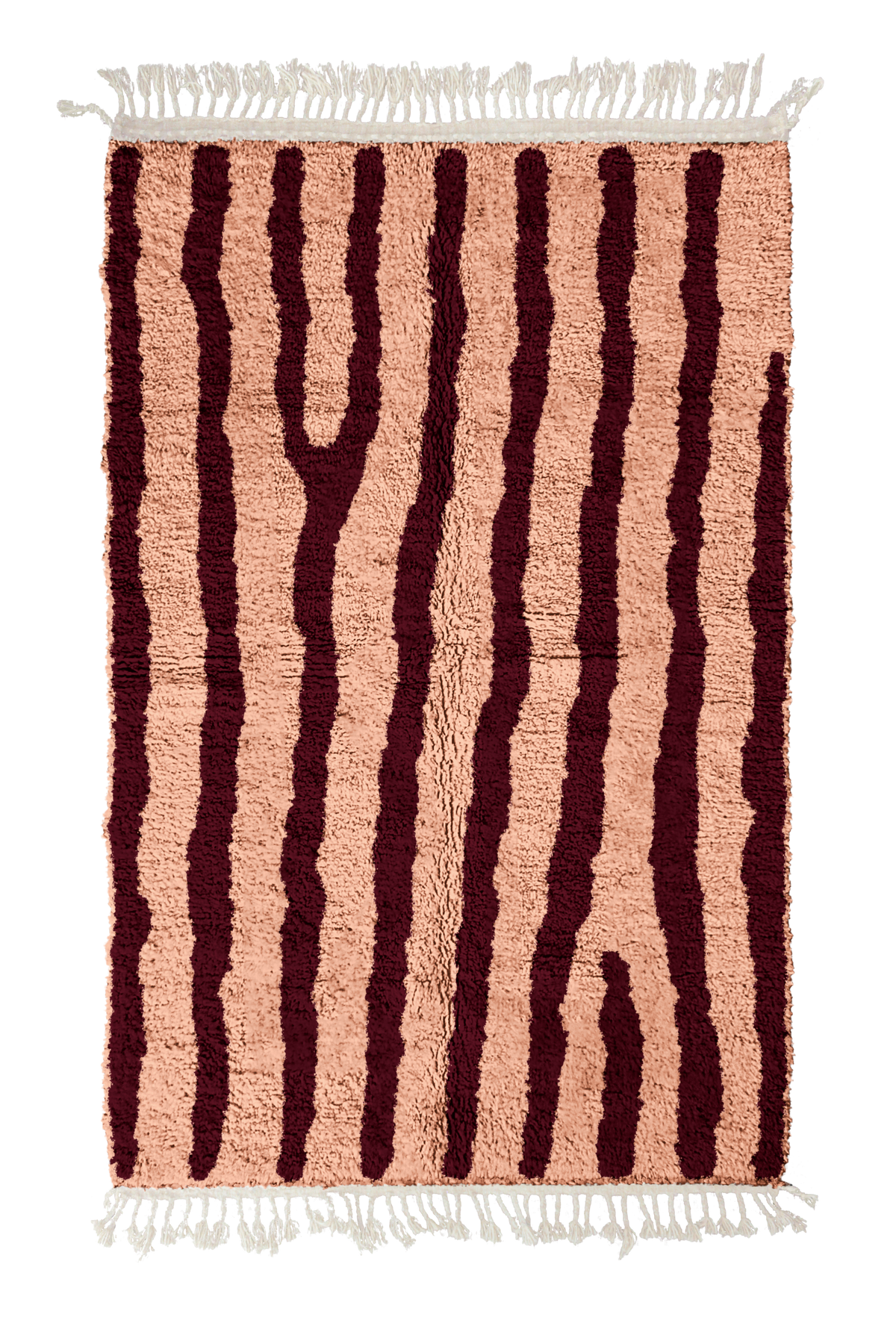 Long Stride zebra stripe wool rug, oxblood red stripes on blush pink, full view from above with fringed ends