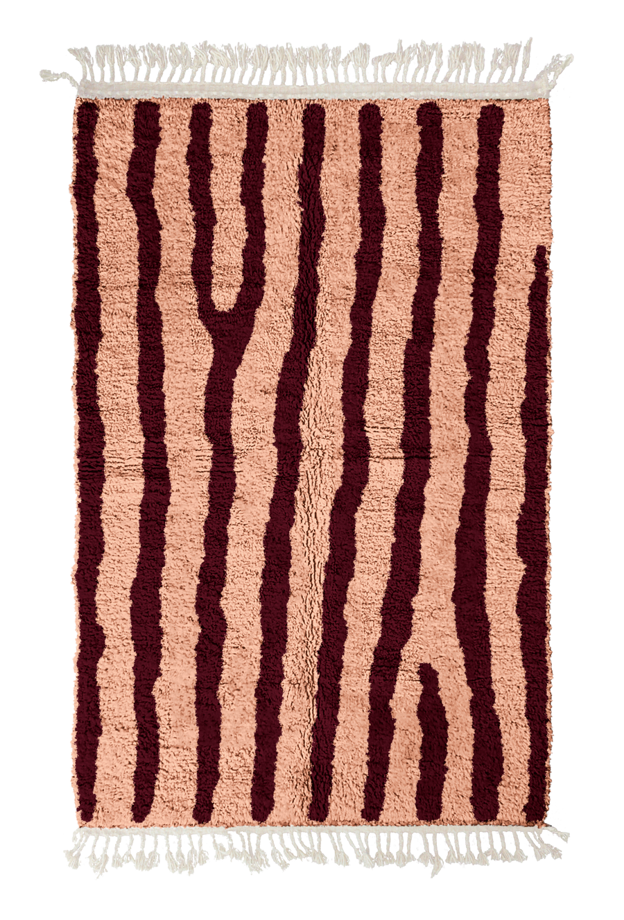 Long Stride zebra stripe wool rug, oxblood red stripes on blush pink, full view from above with fringed ends