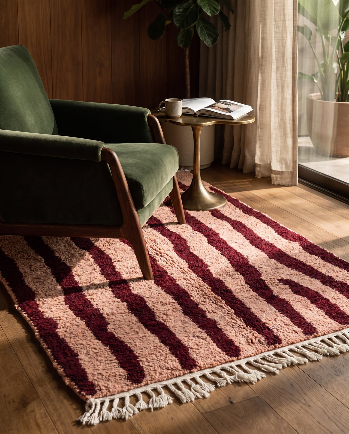 Burgundy and Blush Pink zebra stripe wool rug in a furnished room