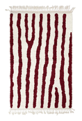 Load image into Gallery viewer, Long Stride zebra stripe wool rug, burgundy stripes on cream, full view from above with fringed ends
