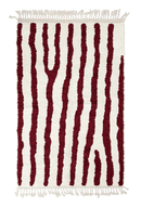 Long Stride zebra stripe wool rug, burgundy stripes on cream, full view from above with fringed ends