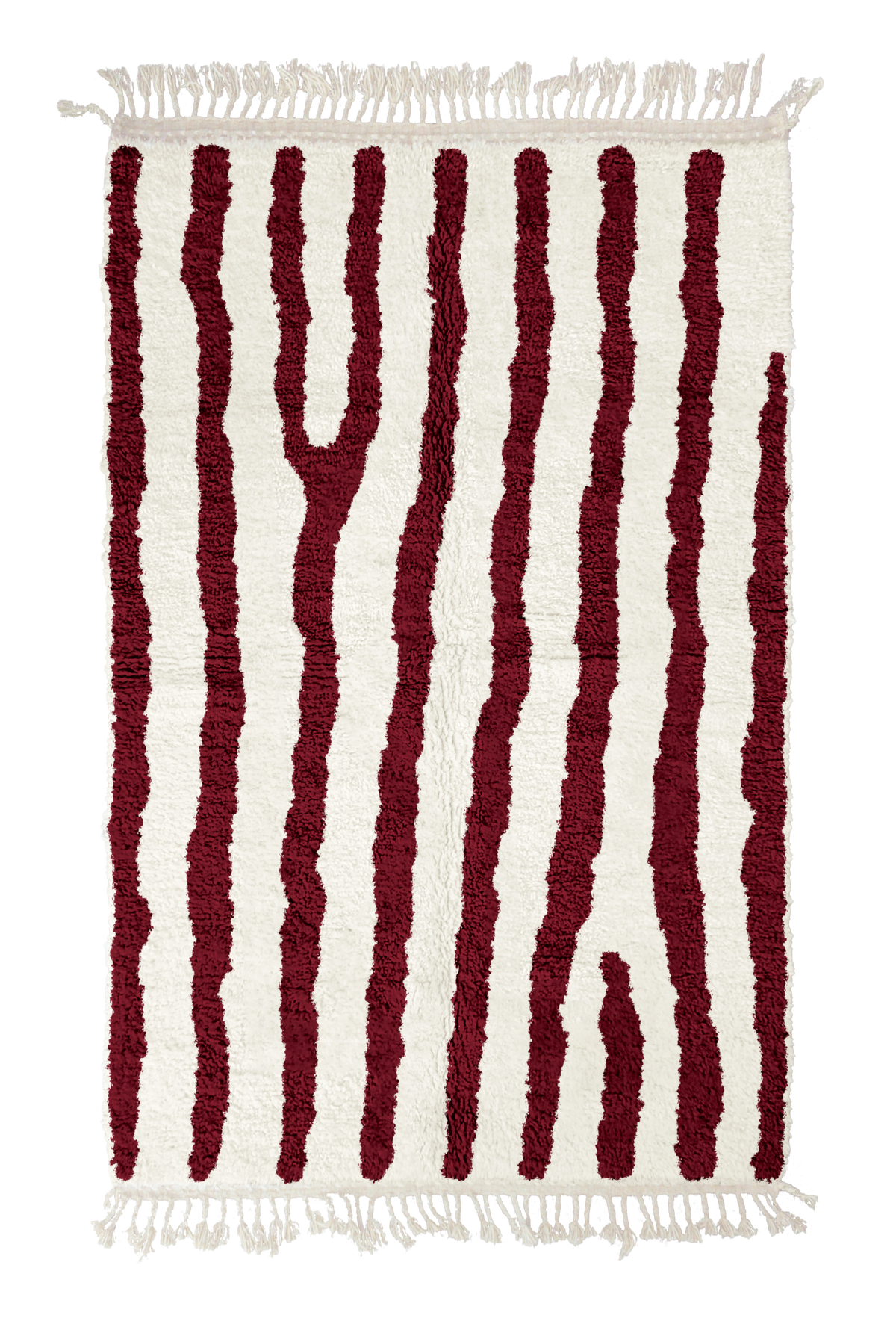 Long Stride zebra stripe wool rug, burgundy stripes on cream, full view from above with fringed ends