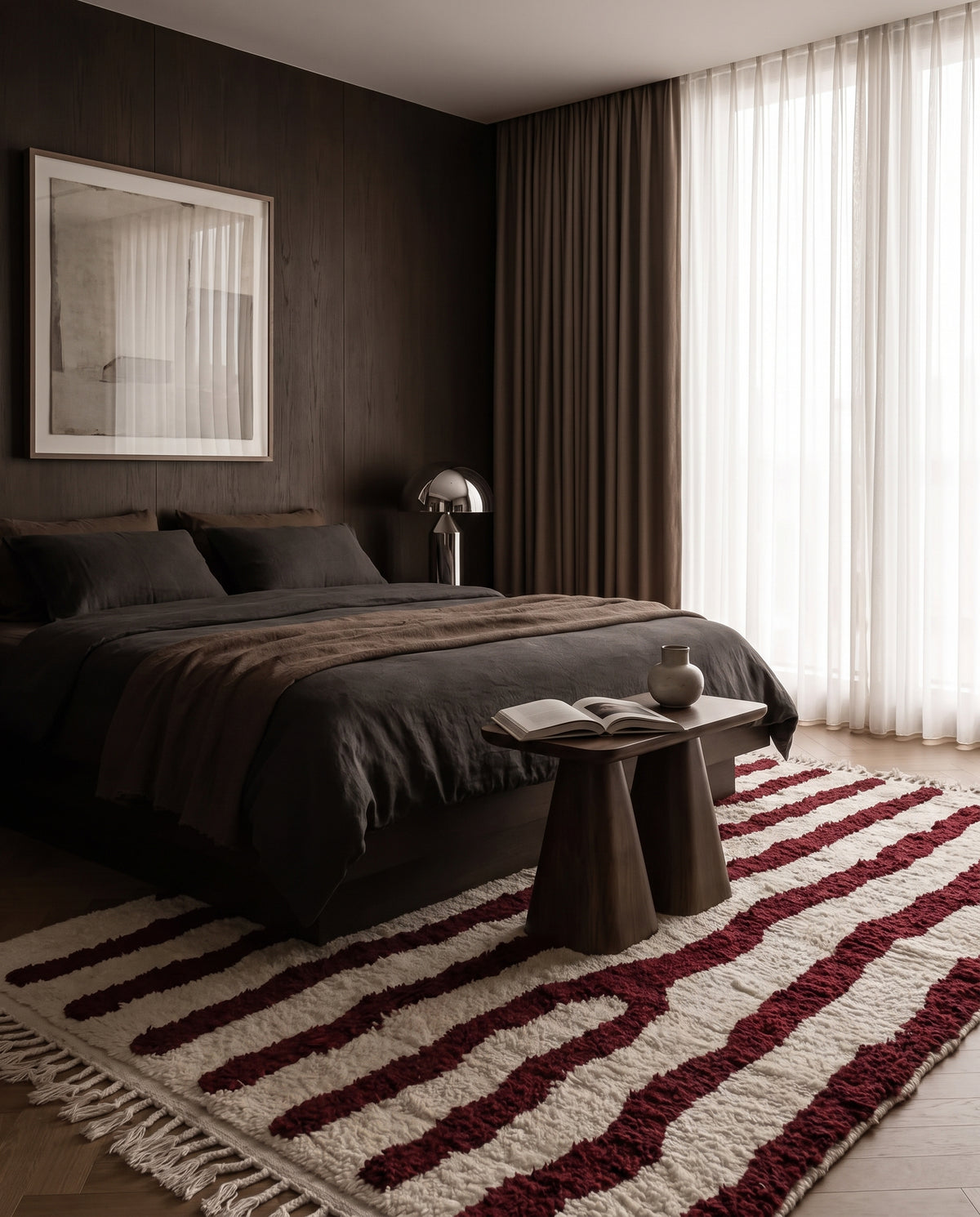 Burgundy and Cream zebra stripe wool rug in a furnished room