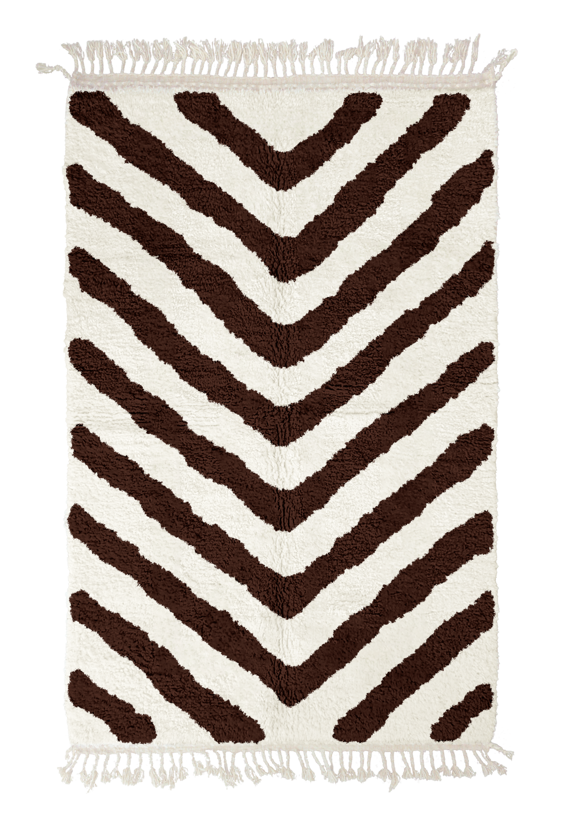 Arrow Stride zebra stripe wool rug, dark brown stripes on cream, full view from above with fringed ends