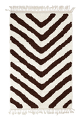 Load image into Gallery viewer, Arrow Stride zebra stripe wool rug, dark brown stripes on cream, full view from above with fringed ends

