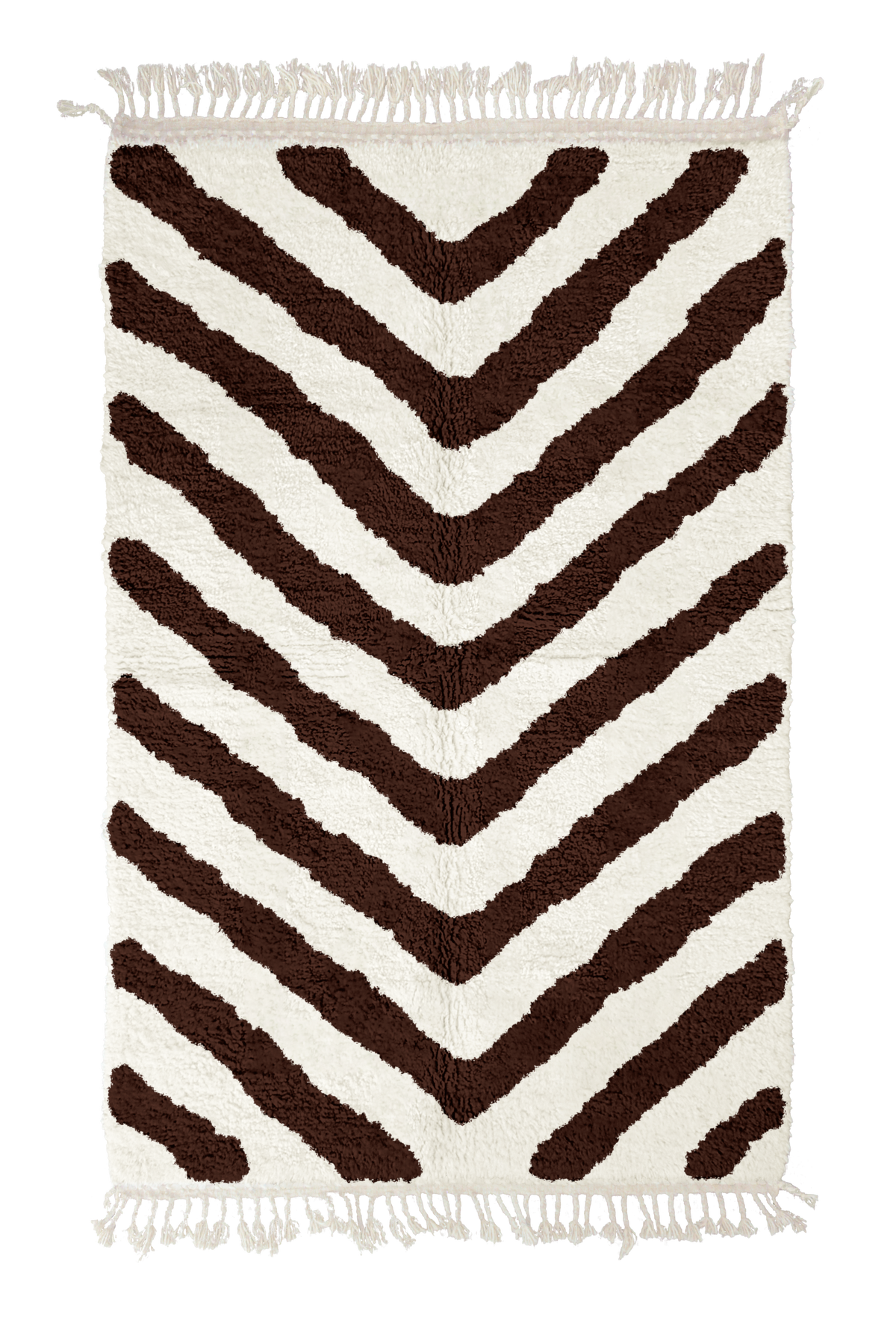 Arrow Stride zebra stripe wool rug, dark brown stripes on cream, full view from above with fringed ends