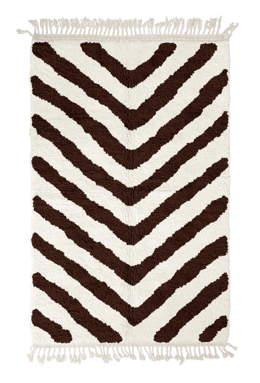 Arrow Stride zebra stripe wool rug, dark brown stripes on cream, full view from above with fringed ends