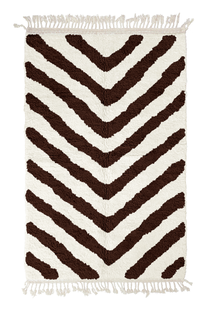 Arrow Stride zebra stripe wool rug, dark brown stripes on cream, full view from above with fringed ends