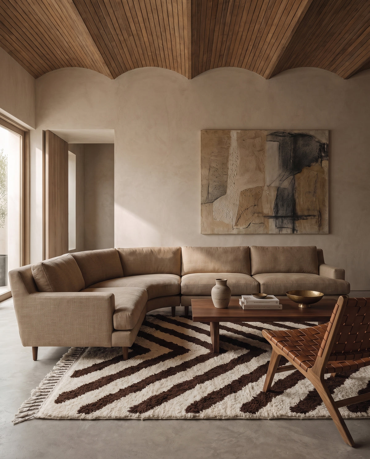 Brown and Cream zebra stripe wool rug in a furnished room