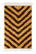Load image into Gallery viewer, Arrow Stride zebra stripe wool rug, dark brown stripes on ochre yellow, full view from above with fringed ends

