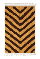Arrow Stride zebra stripe wool rug, dark brown stripes on ochre yellow, full view from above with fringed ends