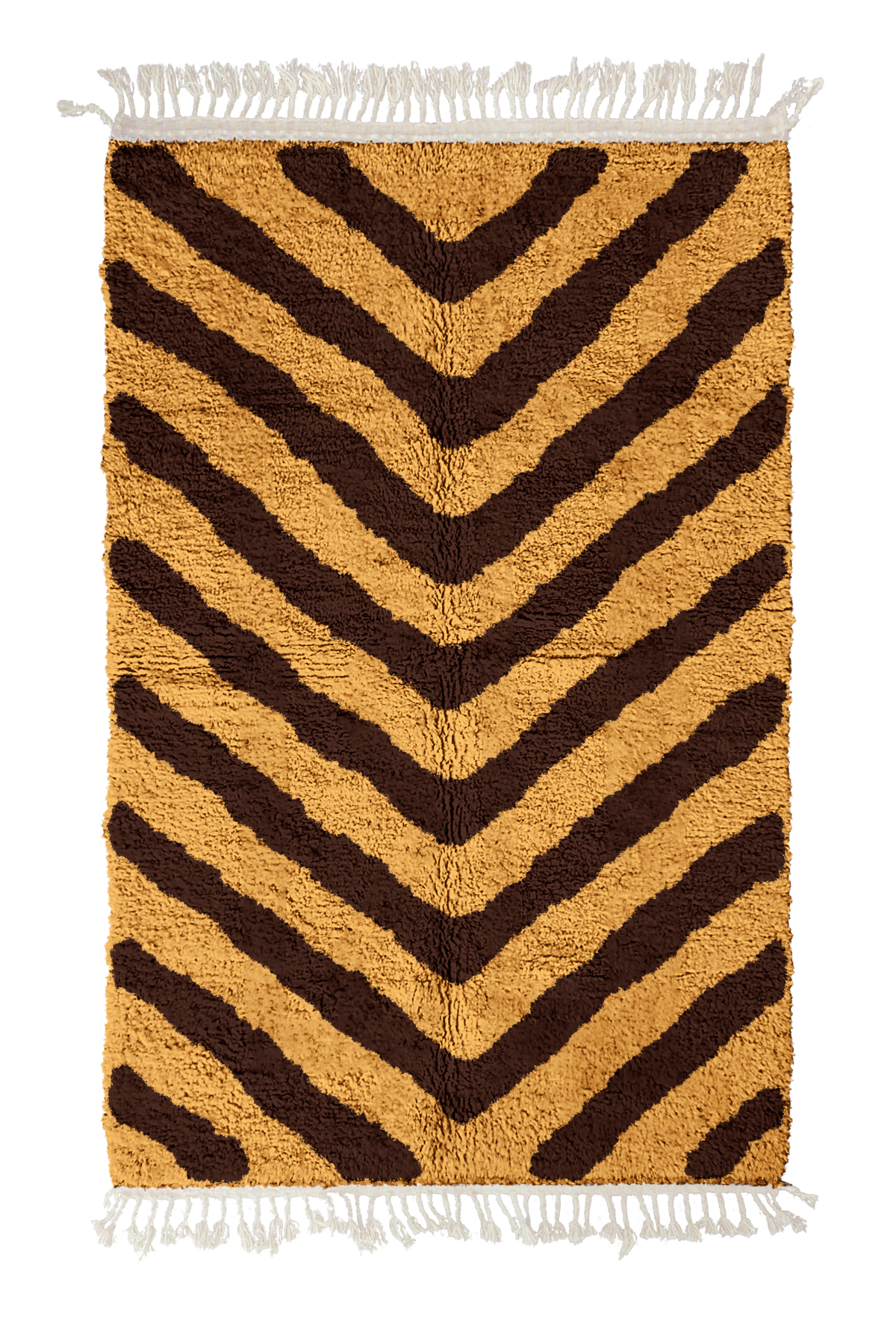 Arrow Stride zebra stripe wool rug, dark brown stripes on ochre yellow, full view from above with fringed ends