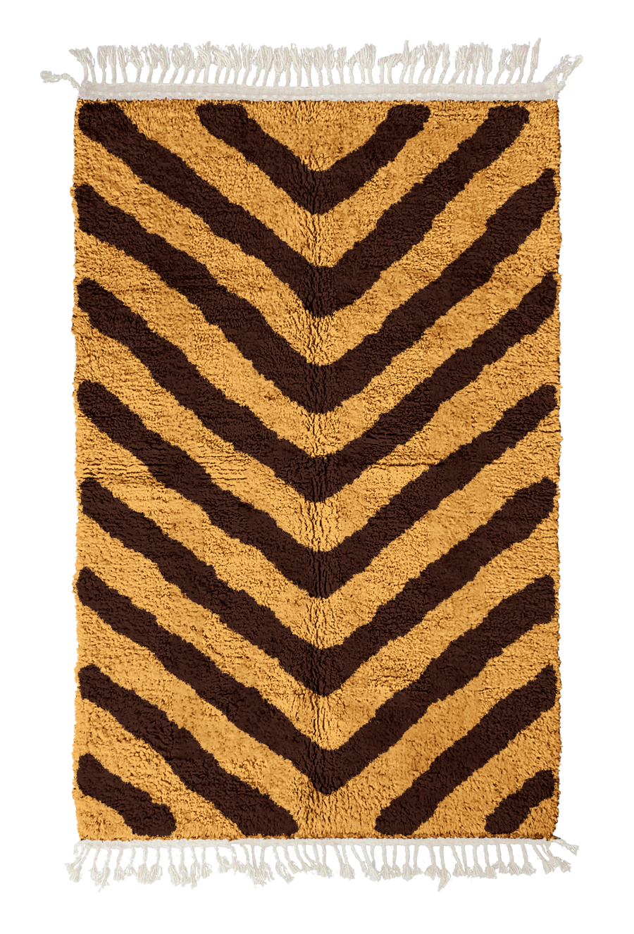 Arrow Stride zebra stripe wool rug, dark brown stripes on ochre yellow, full view from above with fringed ends