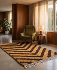 Load image into Gallery viewer, Brown and Ochre Yellow zebra stripe wool rug in a furnished room
