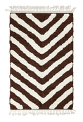 Load image into Gallery viewer, Arrow Stride zebra stripe wool rug, cream stripes on dark espresso brown, full view from above with fringed ends
