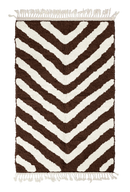 Arrow Stride zebra stripe wool rug, cream stripes on dark espresso brown, full view from above with fringed ends