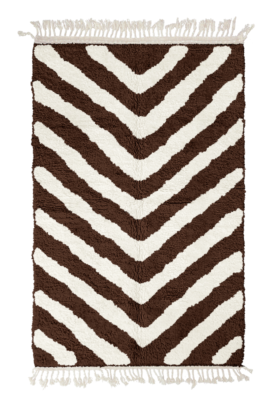Arrow Stride zebra stripe wool rug, cream stripes on dark espresso brown, full view from above with fringed ends