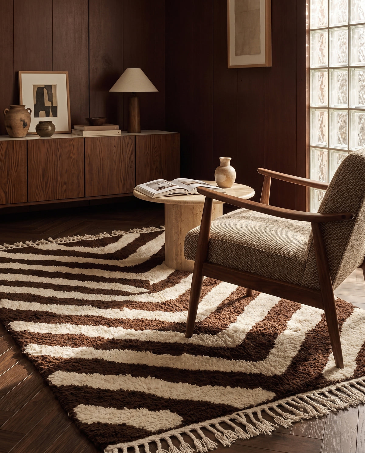 Cream and Dark Brown zebra stripe wool rug in a furnished room
