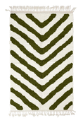 Load image into Gallery viewer, Arrow Stride zebra stripe wool rug, olive green stripes on cream, full view from above with fringed ends
