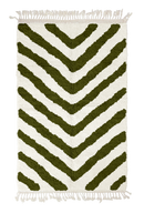 Arrow Stride zebra stripe wool rug, olive green stripes on cream, full view from above with fringed ends