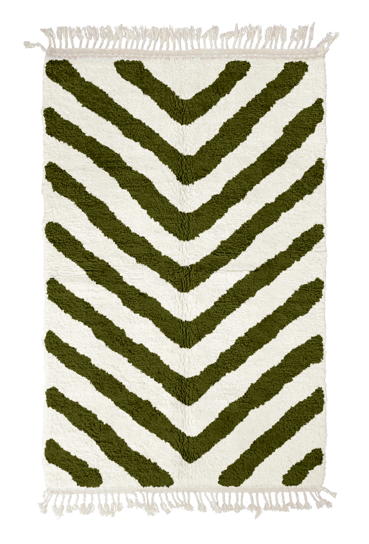 Arrow Stride zebra stripe wool rug, olive green stripes on cream, full view from above with fringed ends