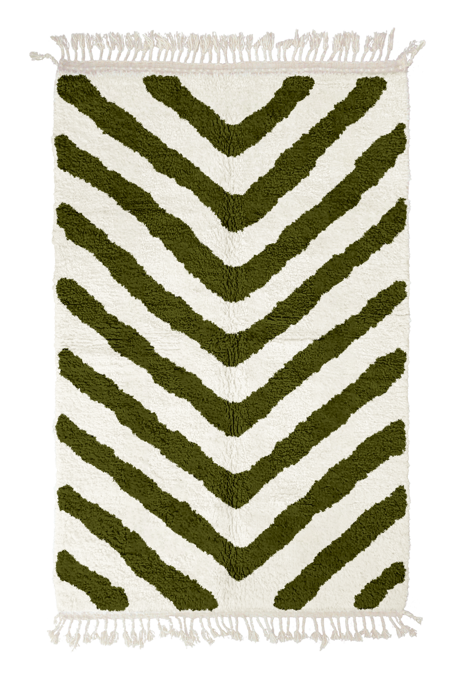 Arrow Stride zebra stripe wool rug, olive green stripes on cream, full view from above with fringed ends